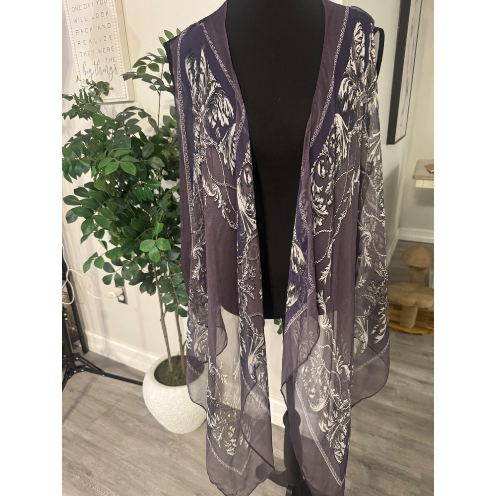 Purple Baroque Print Sheer Chiffon Open Front Draped Vest One Size